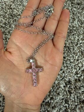 Pink Cross Necklace Silver Cubic Zirconia Princess Cut Cross Pendant Faith NWT